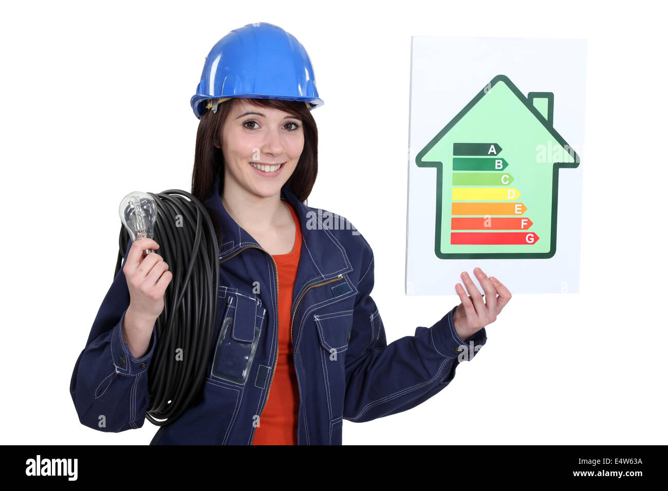 Electrician with an energy rating card Stock Photo