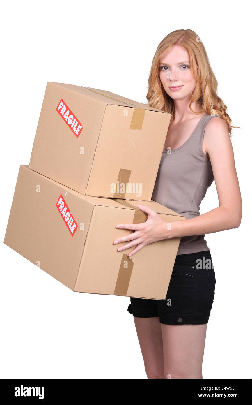 Young girl with two cartons Stock Photo