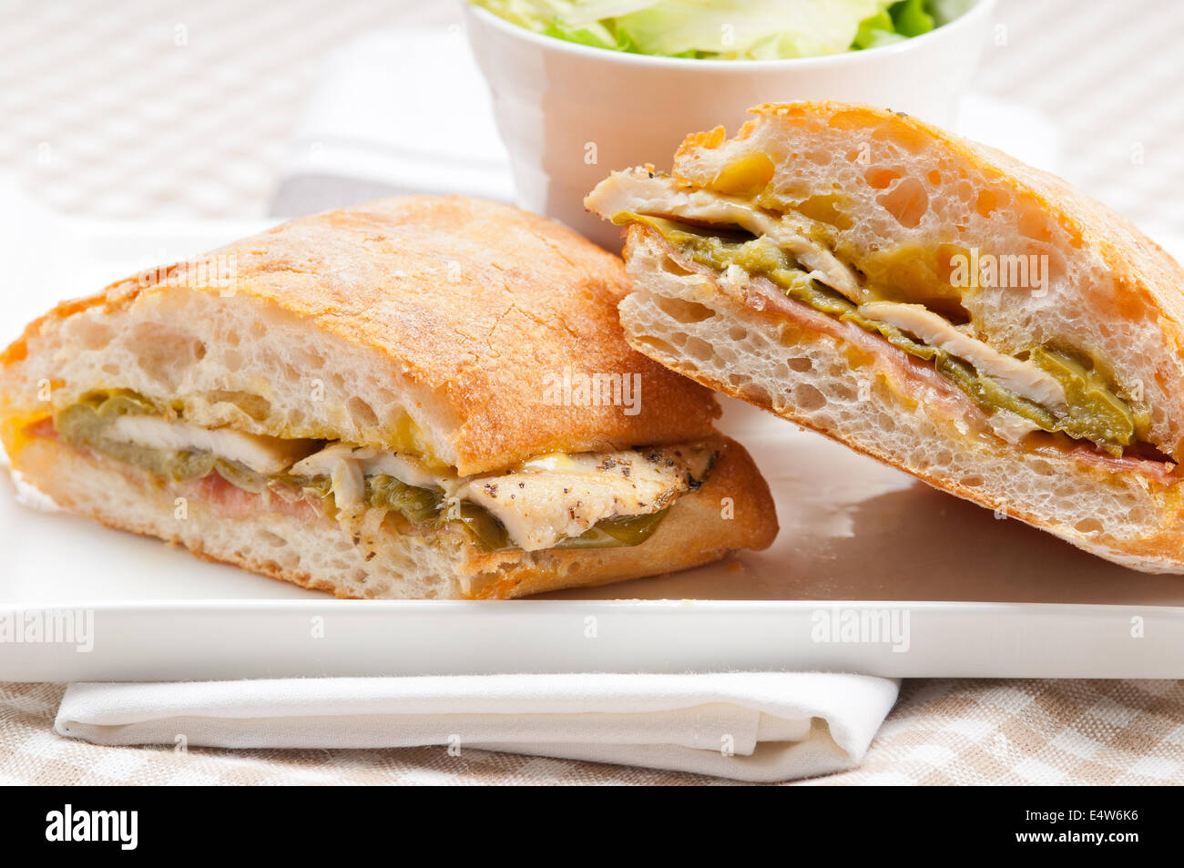 Italian ciabatta panini sandwich chicken Stock Photo