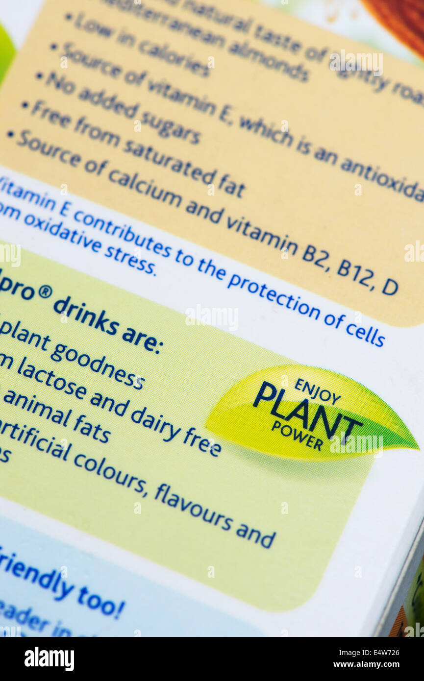 Almond Milk carton showing plant power label Stock Photo