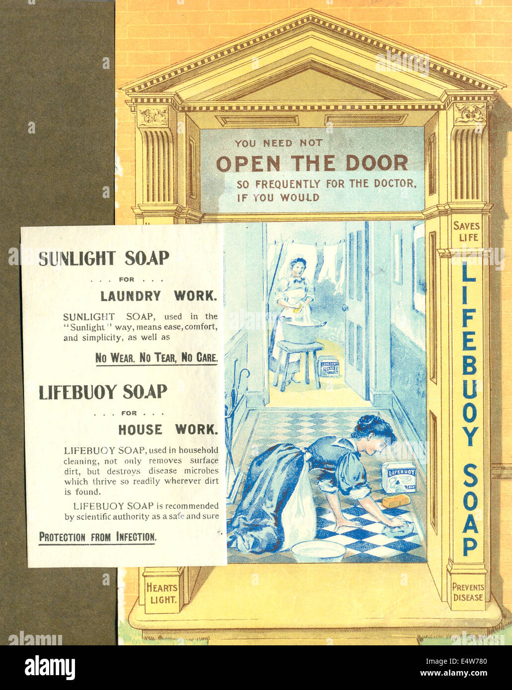 Advertisement for Sunlight Soap showing housemaid on knees washing floor with laundry maid in background circa 1905 Stock Photo