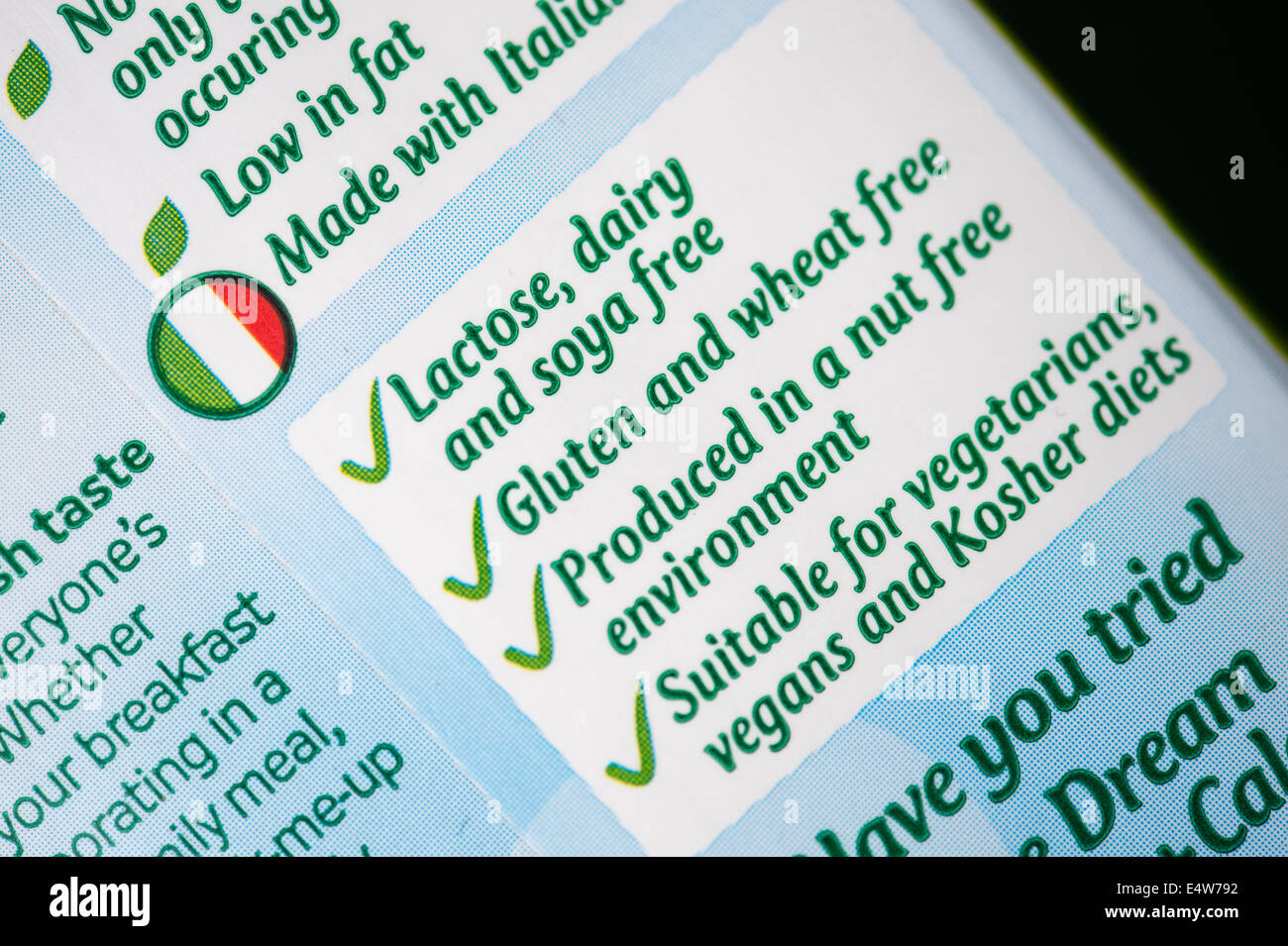 Rice Milk carton labeling showing lactose, dairy, soya, gluten and