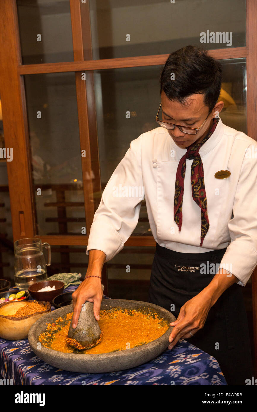 Bali, Indonesia.  Making Peanut Sauce. Stock Photo