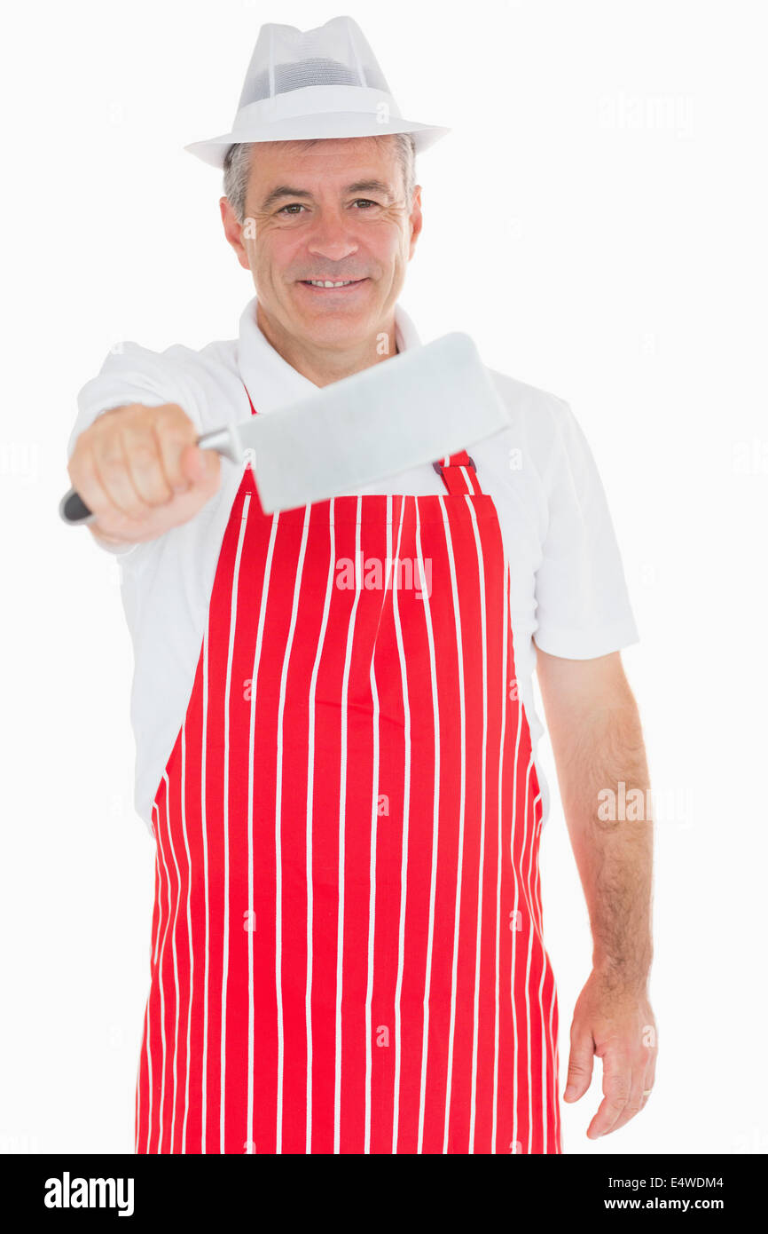 Butcher holding big meat cleaver Stock Photo Alamy
