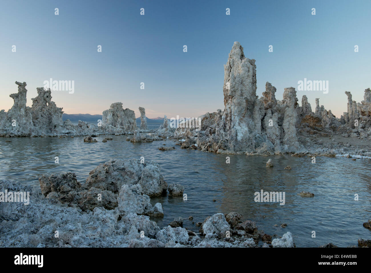 Landscape of tufa towers on Mono Lake in twilight. Stock Photo