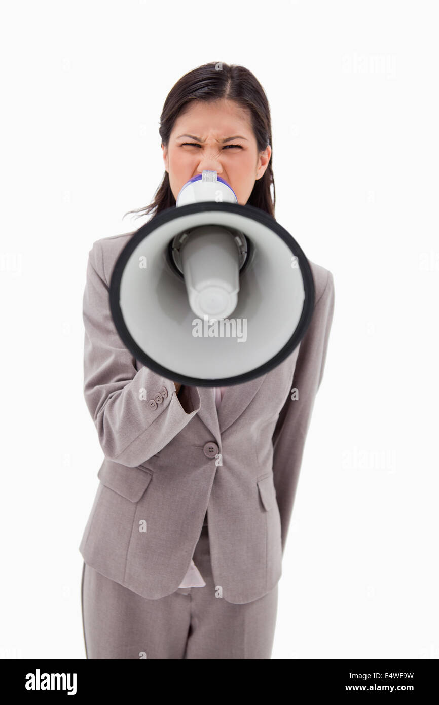 Angry businesswoman yelling through megaphone Stock Photo Alamy