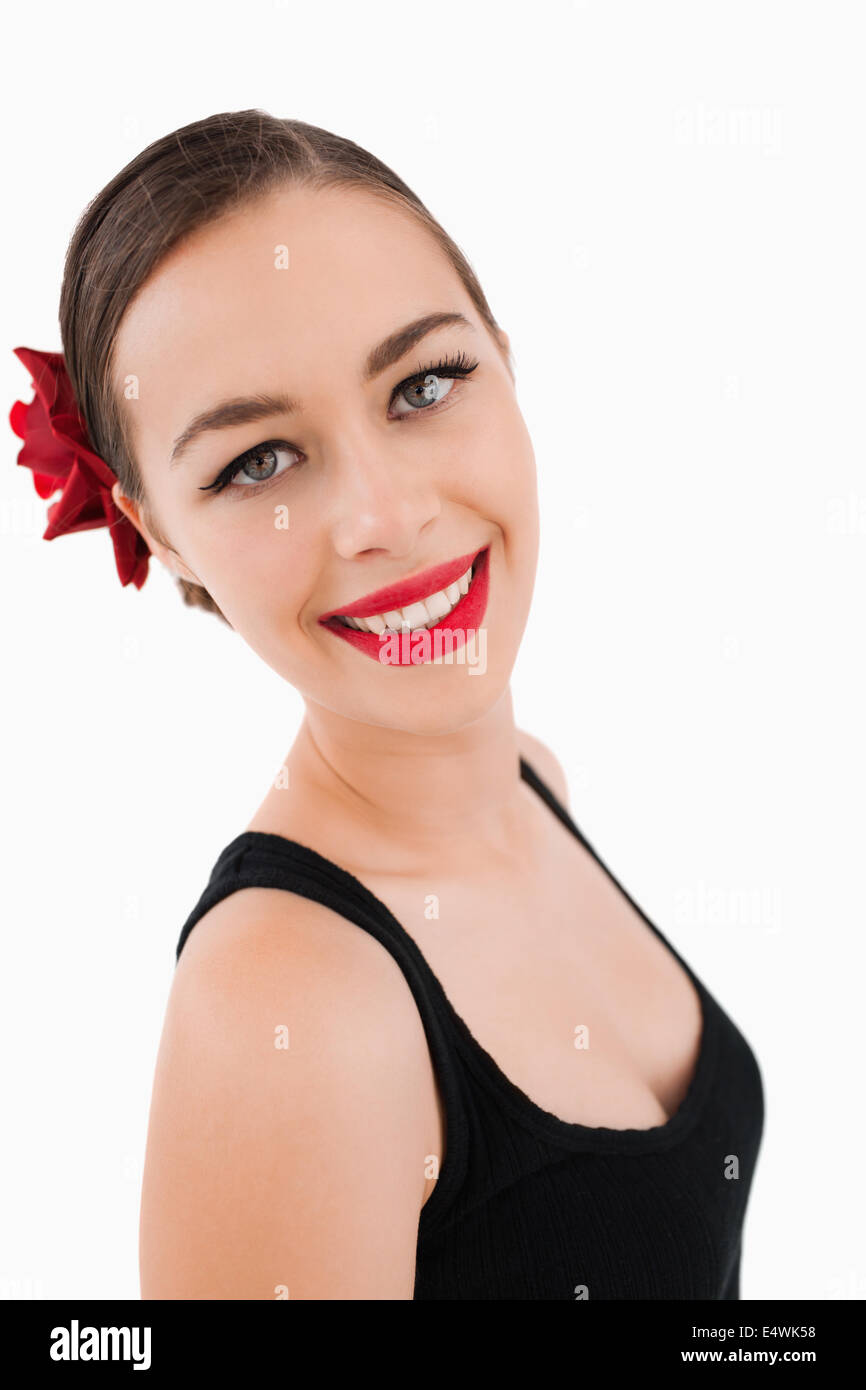 Side view of beautiful smiling woman Stock Photo - Alamy