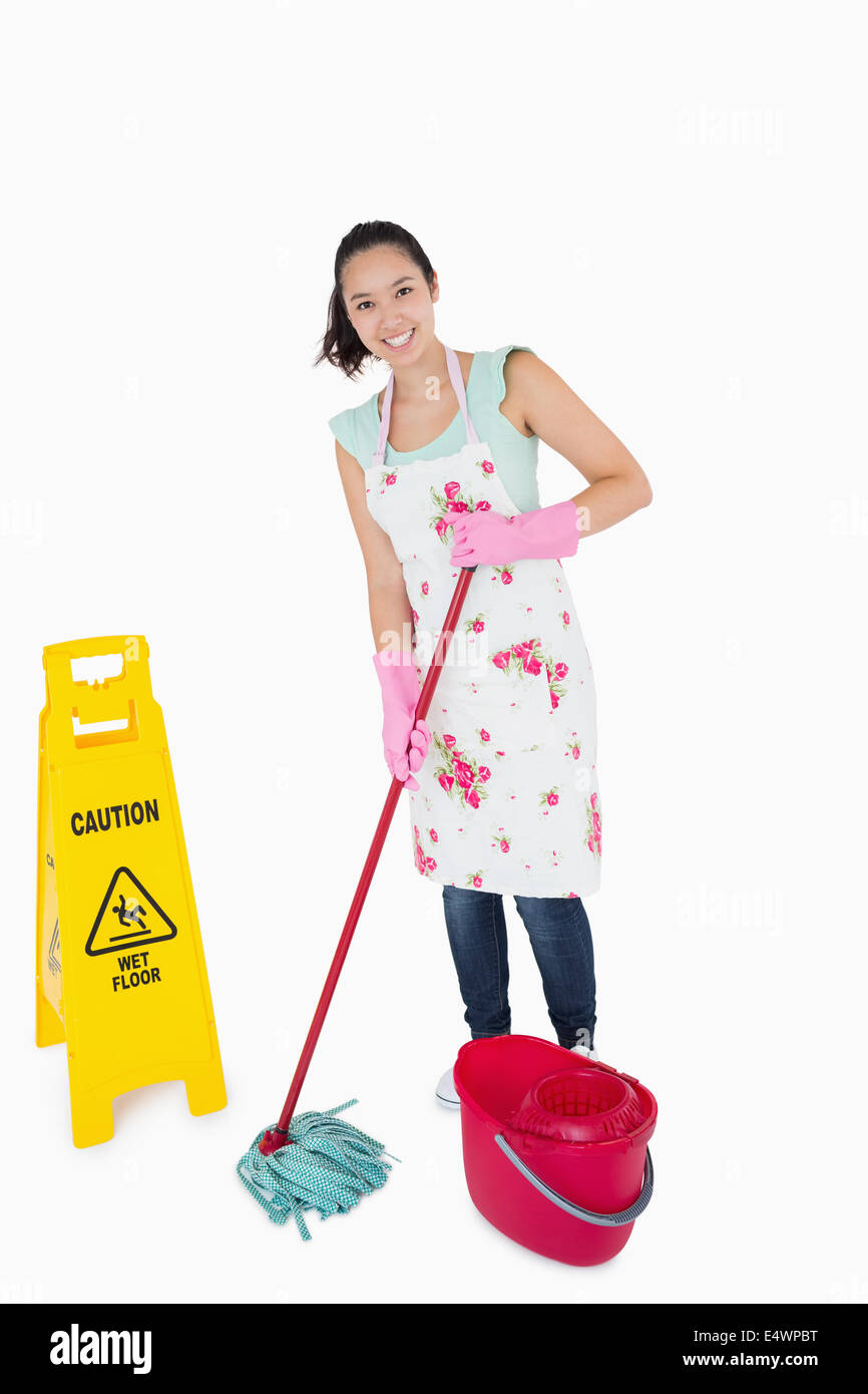 Cleaning Sign And Woman Mopping Floor In Office For Hygiene Health