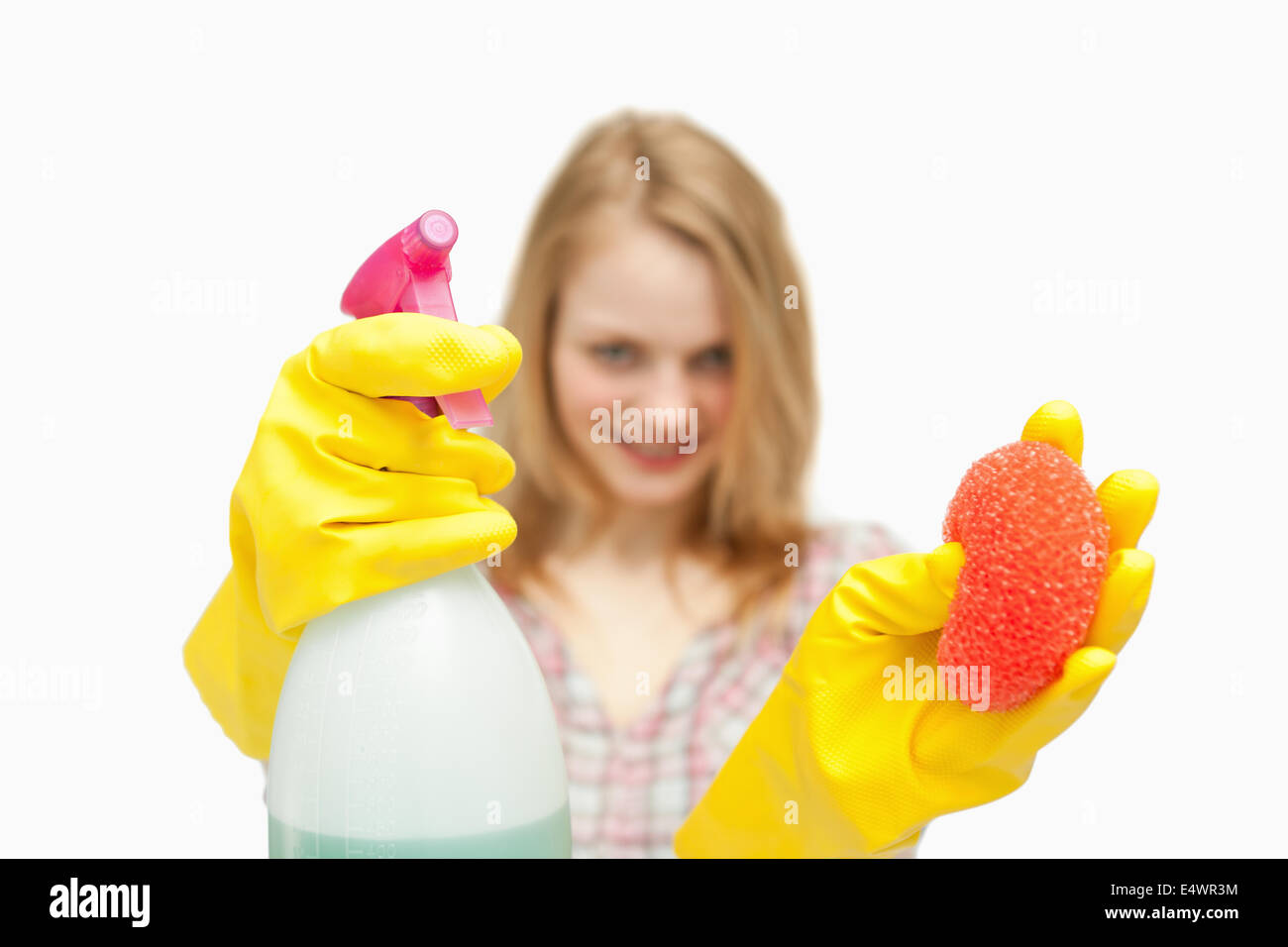 Woman presenting cleaning products Stock Photo Alamy