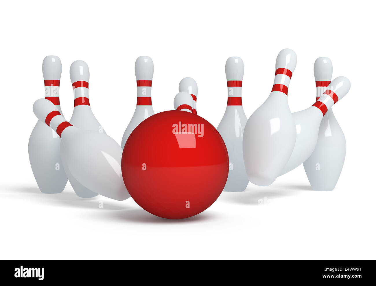 Bowling ball crashing into the pins Stock Photo Alamy