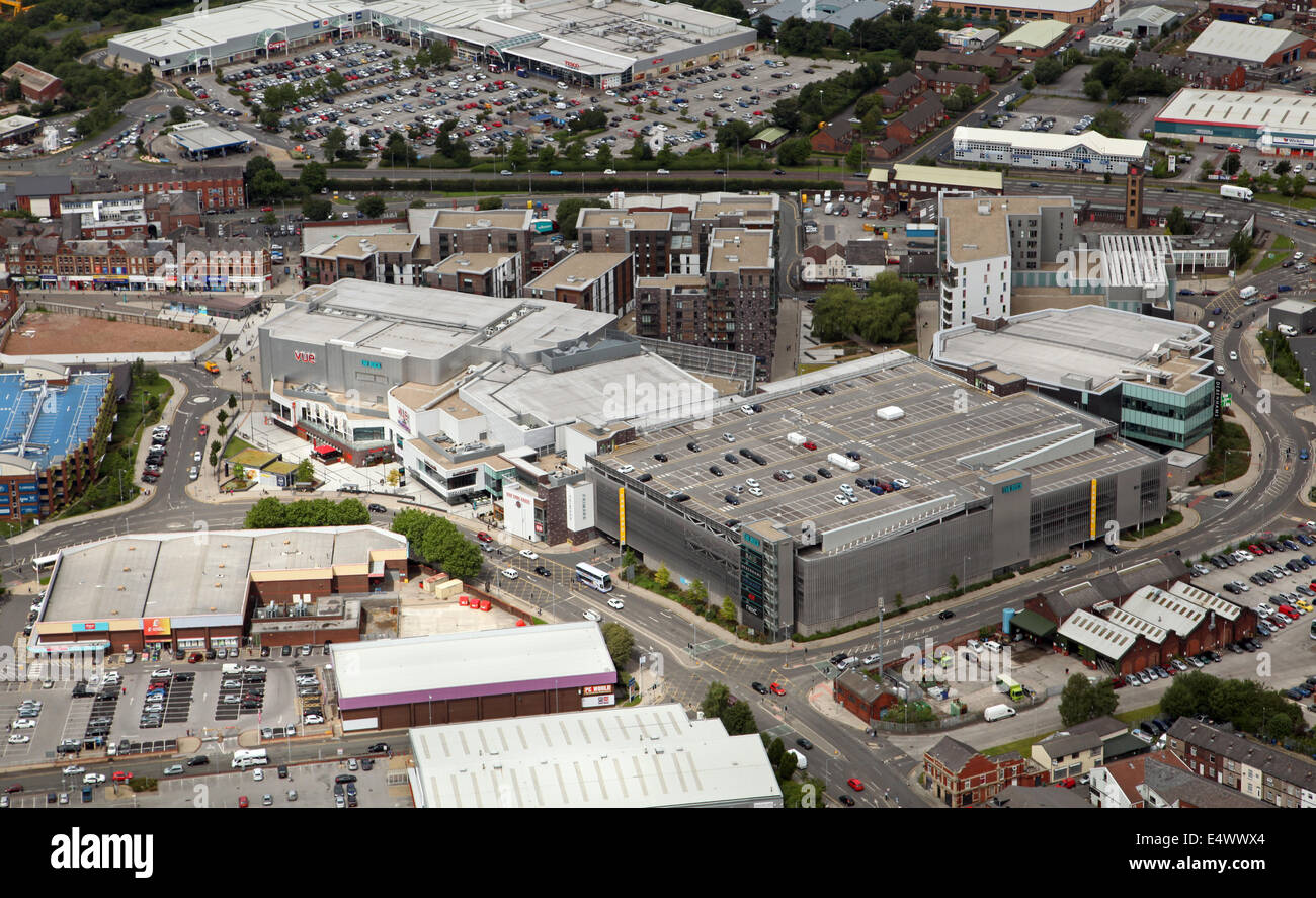 aerial view of The Rock Shopping and Leisure Complex in Bury, Lancashire, UK Stock Photo