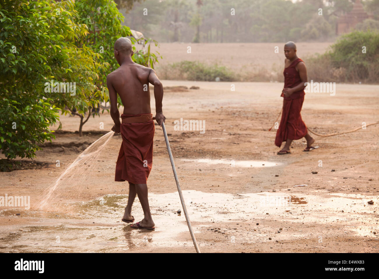 Monks use garden hose to wash down grounds of their monastery after sweeping the area for trash and debris. Stock Photo