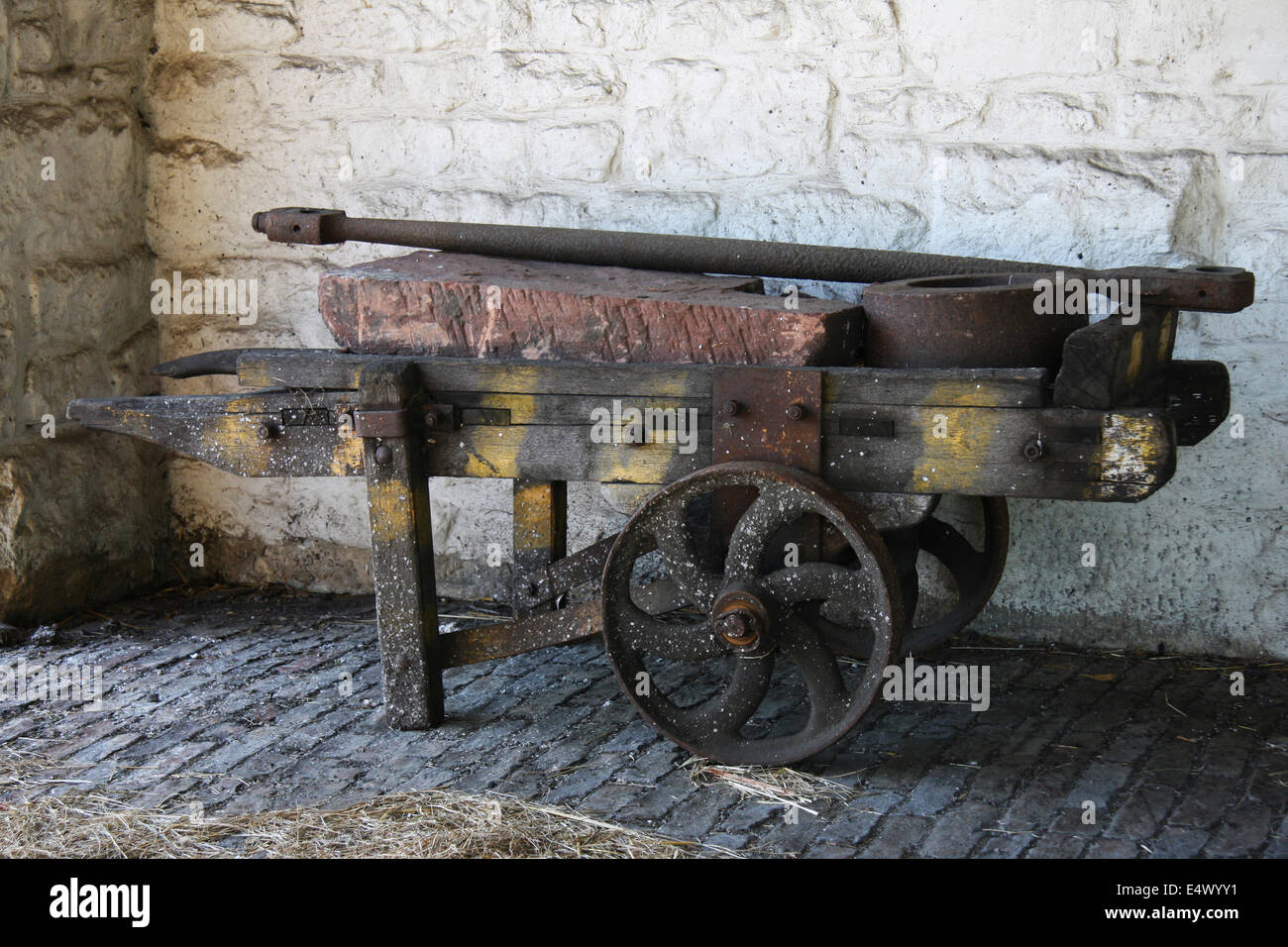 Old wooden hand cart in a barn at Beamish Open Air Living Museum in Durham, UK. Stock Photo