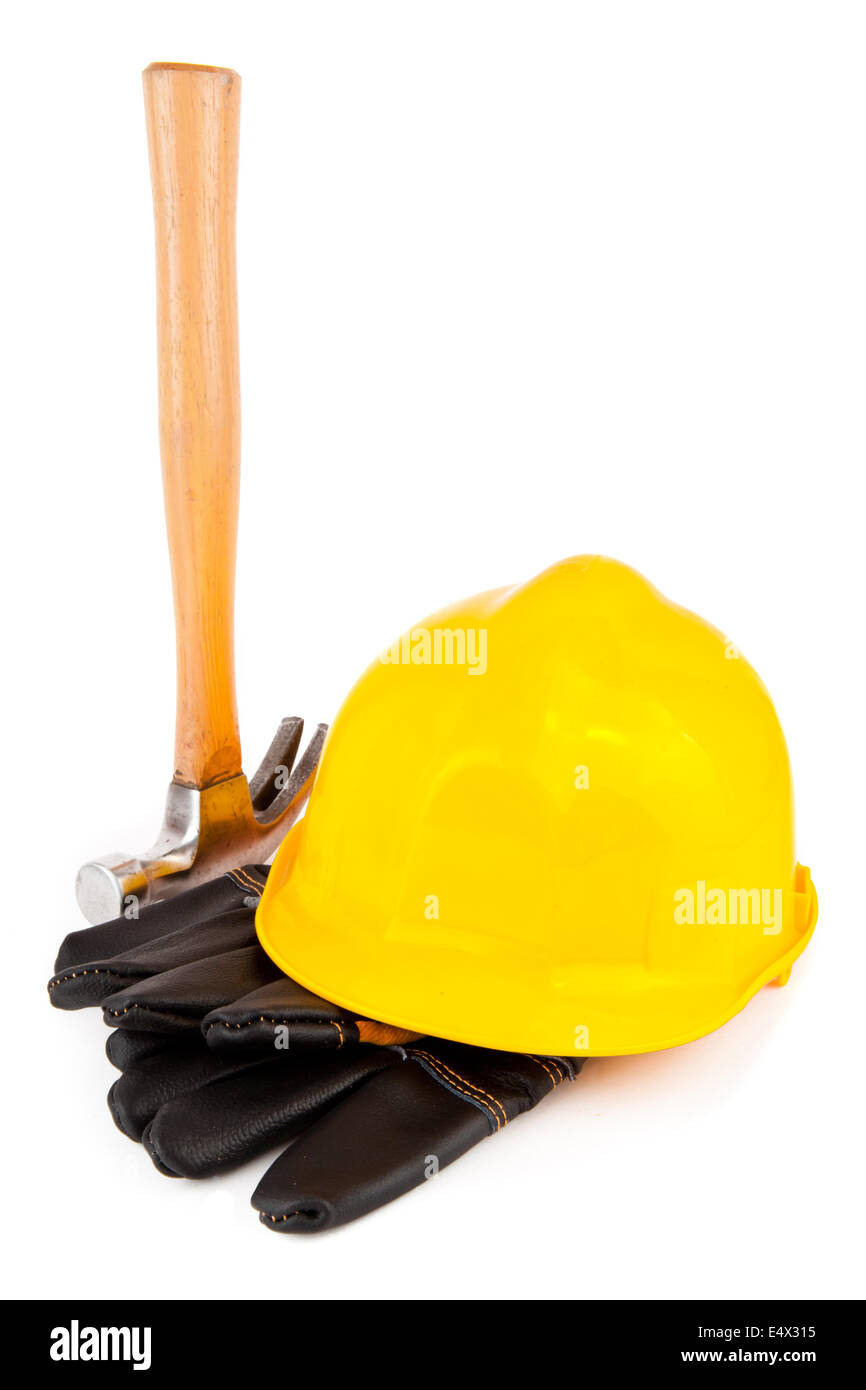 Hard hat protective gloves and hammer Stock Photo Alamy