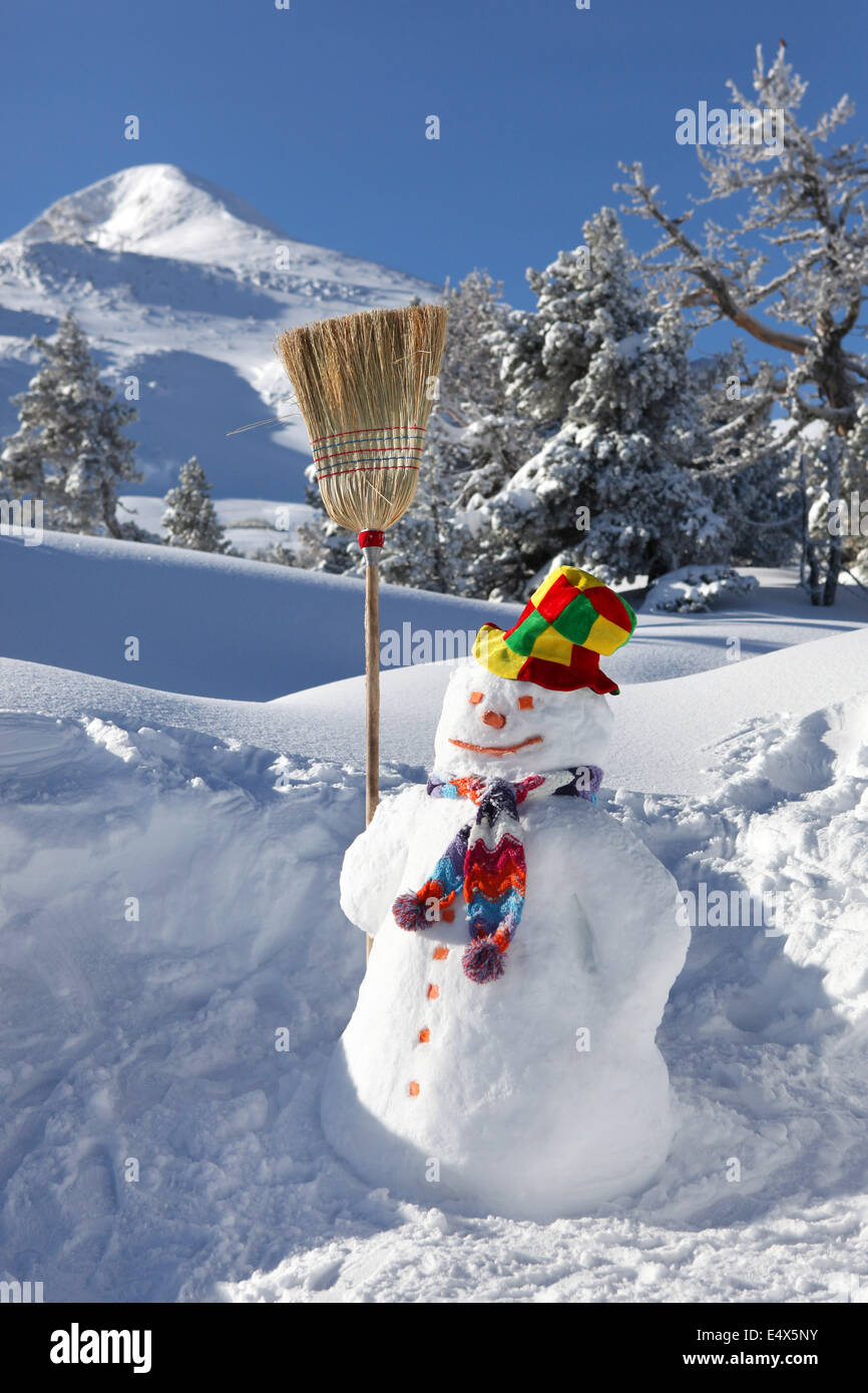 Snowman holding a broom Stock Photo