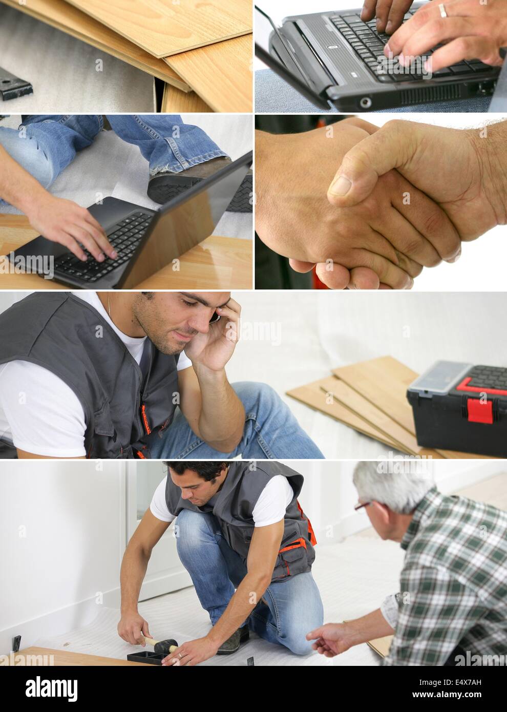 Montage of  a laborer laying laminate floor Stock Photo