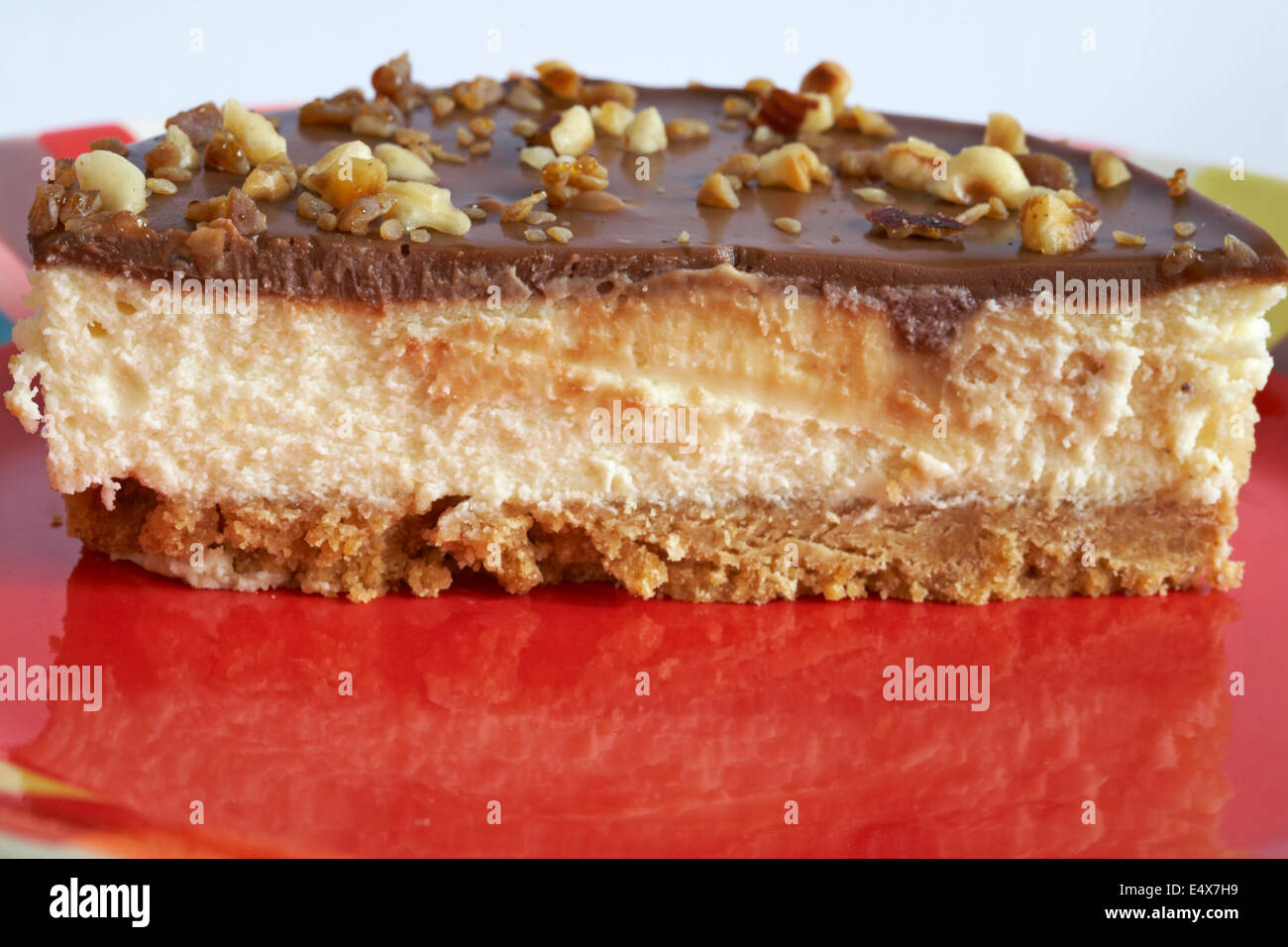 Marks & Spencer new chocolate & hazelnut cheesecake halved on red