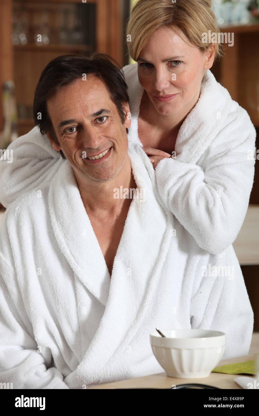 Couple in their 40s having breakfast. Stock Photo