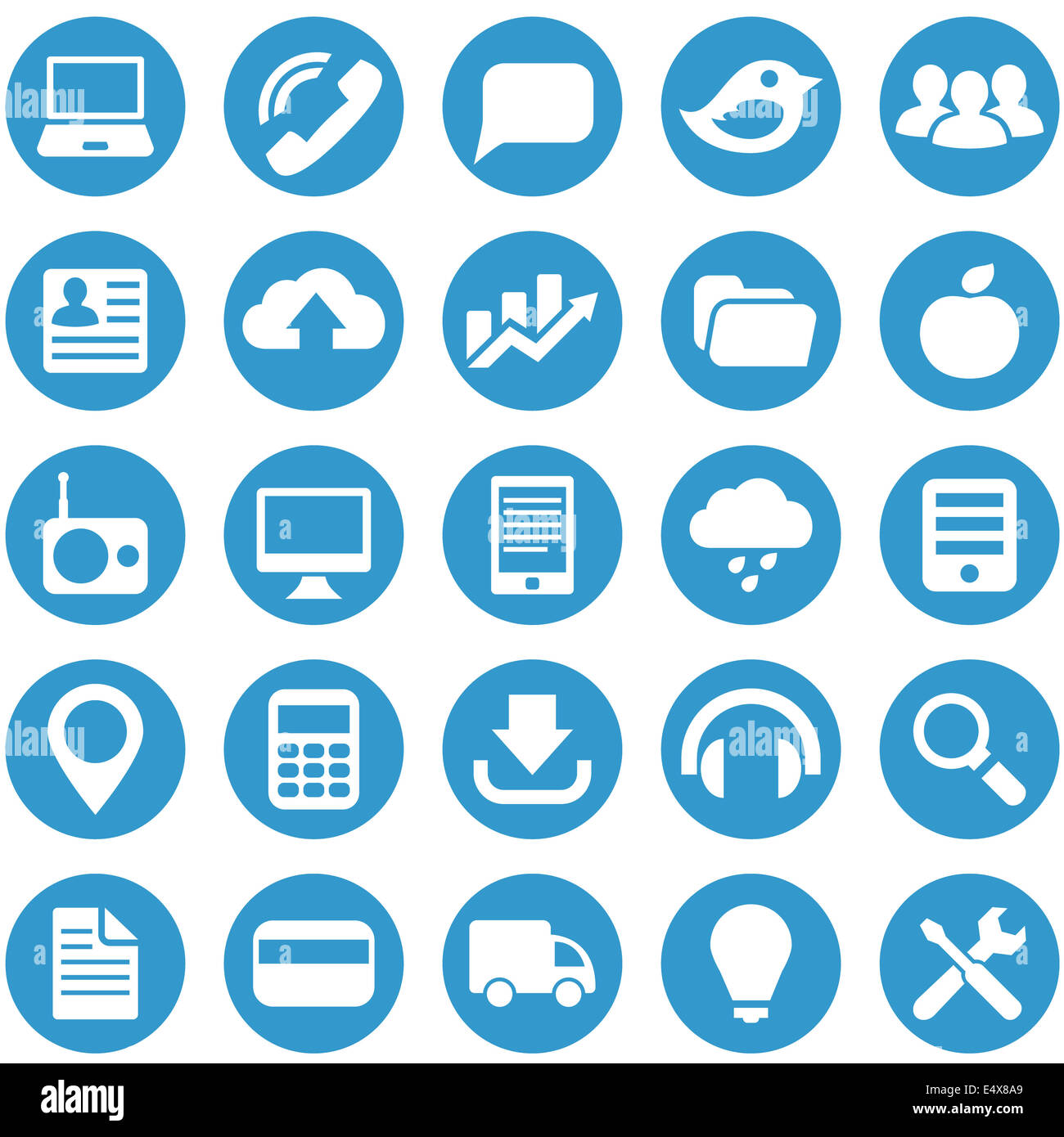 Icons for web site in blue circle. Stock Photo