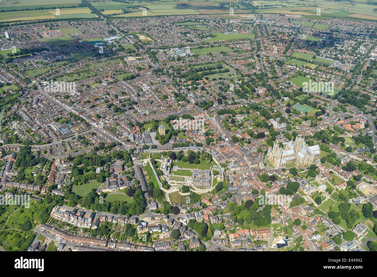 A sunny aerial photograph of the area around Lincoln Cathedral and Lincoln Castle Stock Photo