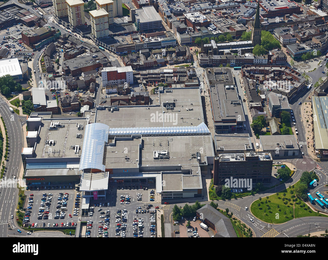 Wakefield town centre from the air, with the new Trinity Shopping