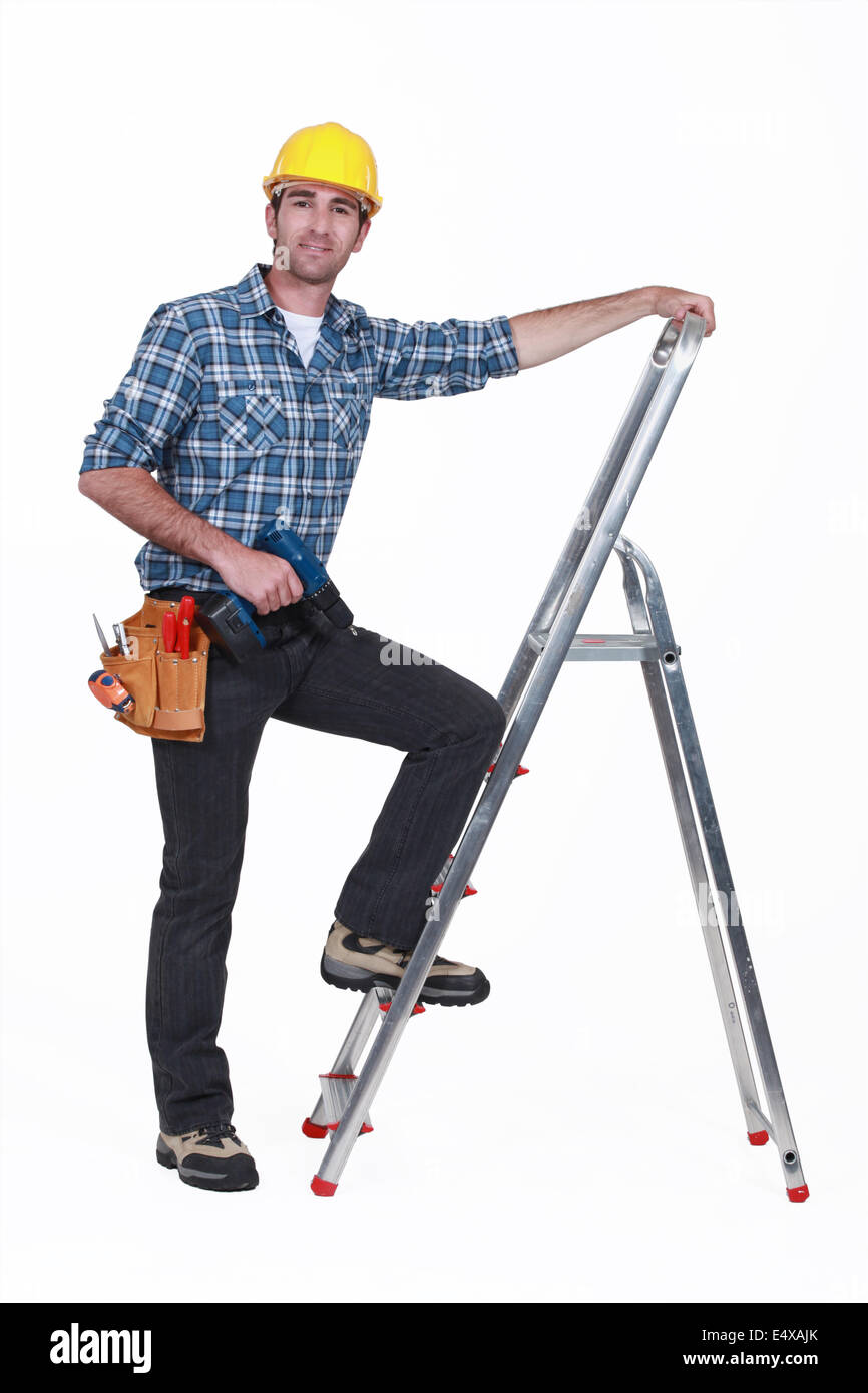Man climbing tall ladder Cut Out Stock Images & Pictures Alamy