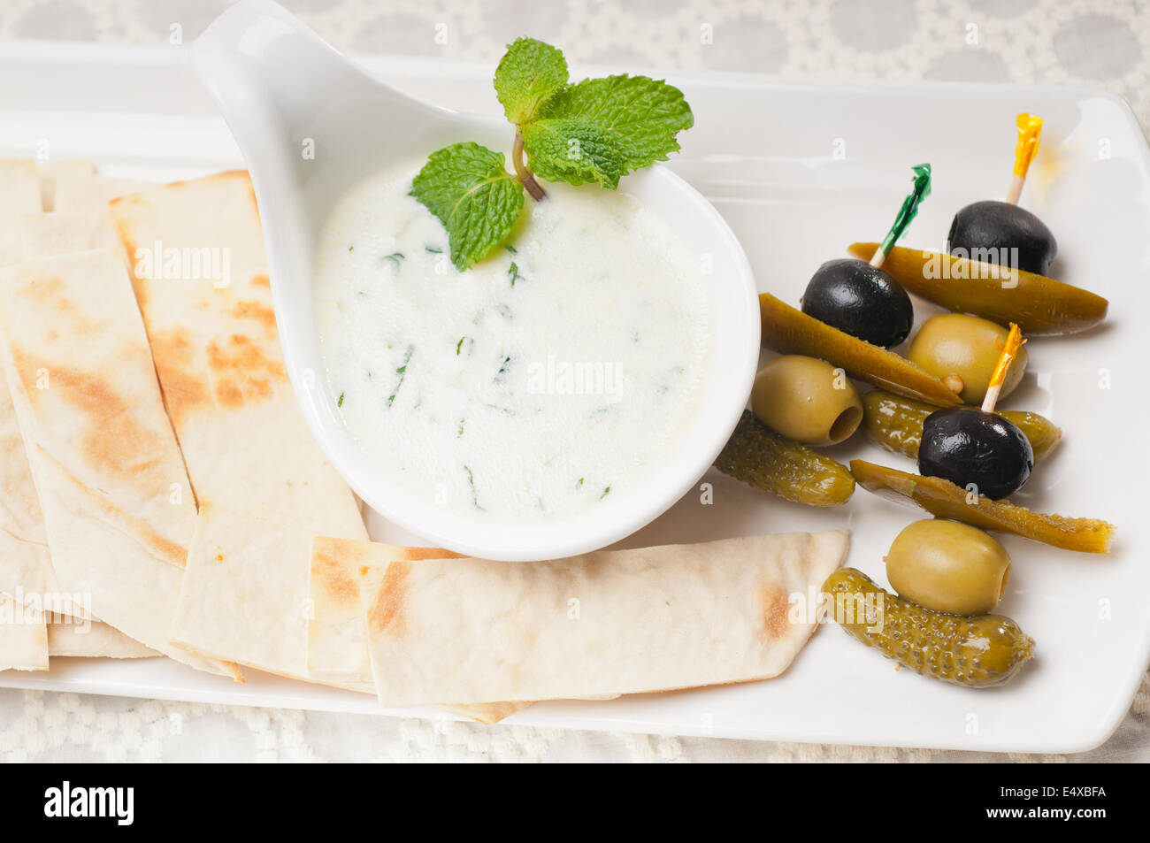 Greek Tzatziki yogurt dip and pita bread Stock Photo Alamy