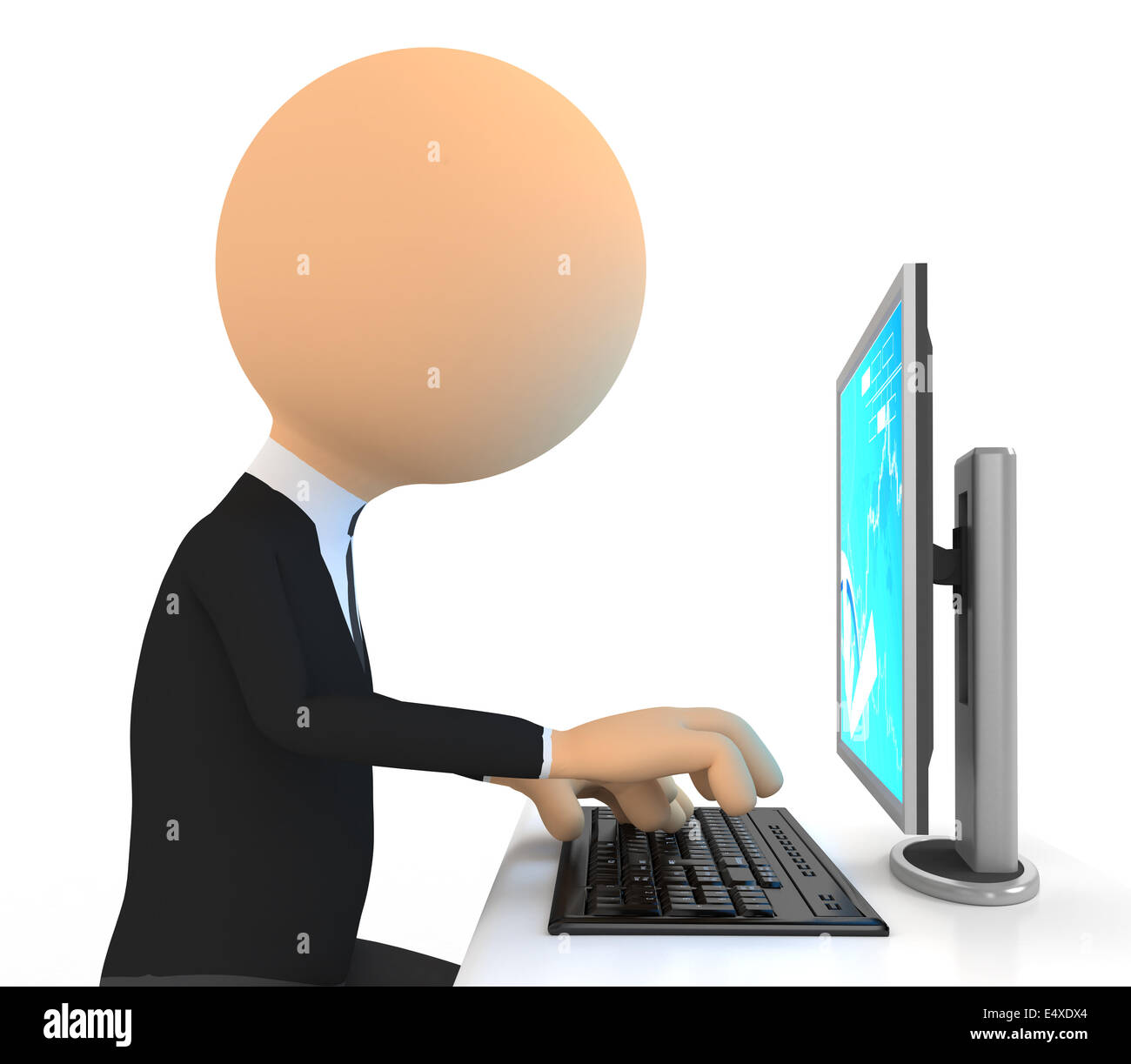 3d character Working on computer. Stock Photo