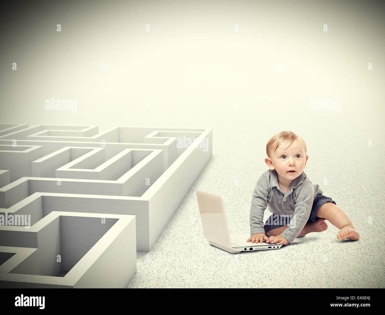 portrait of kid with pc maze background Stock Photo