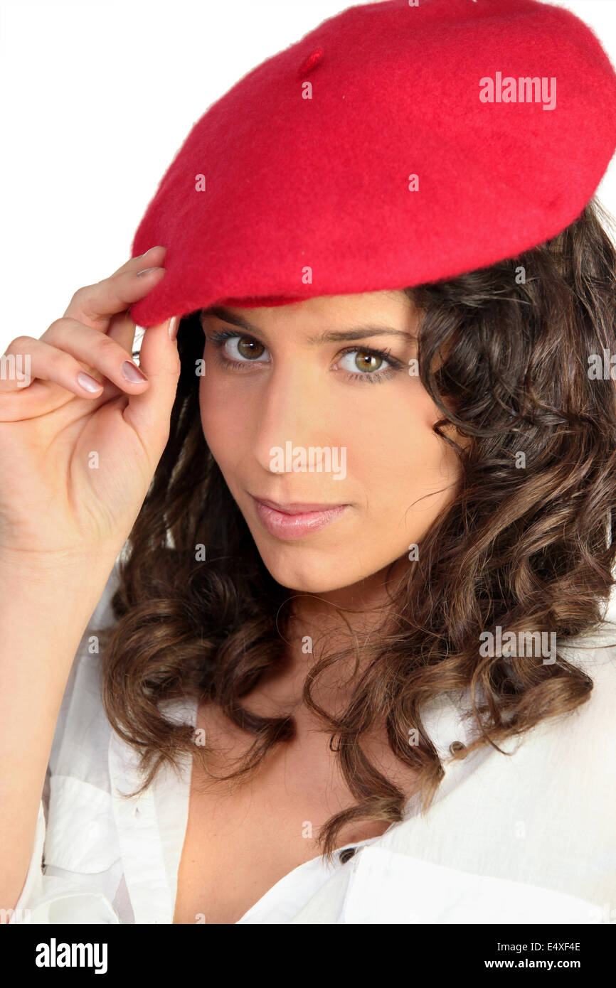 Brunette in a red beret Stock Photo