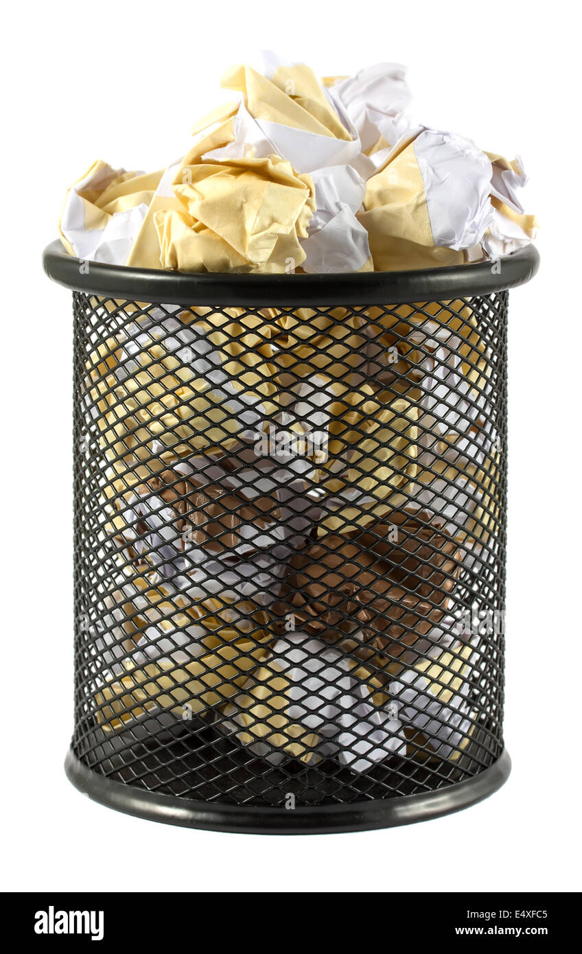 Waste bin with crumpled paper Stock Photo