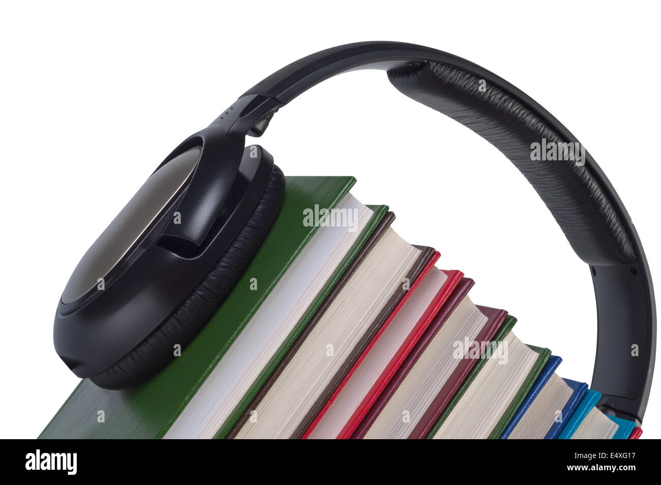 Headphones on books close up. Stock Photo