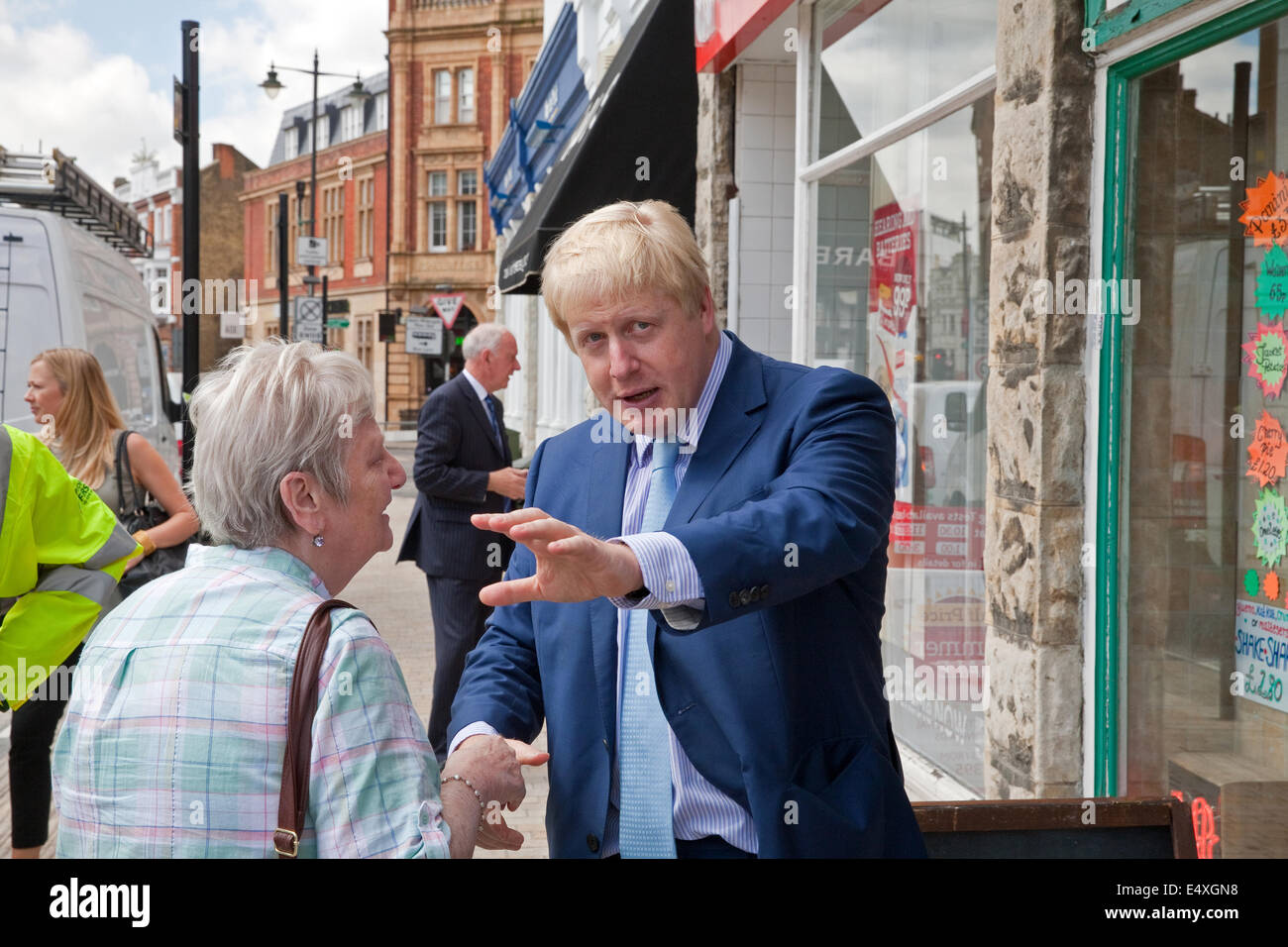 Bromley, Kent, UK. 17th July, 2014. London Mayor,Boris Johnson,chats to locals on a visit to Bromley to launch action for high streets plan Credit: Keith Larby/Alamy live News Stock Photo