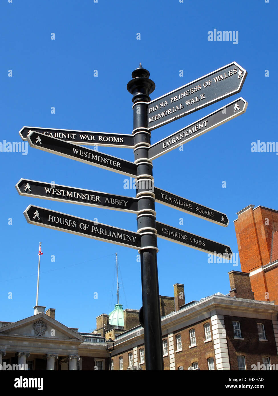London retro street signpost giving directions to some of London's most famous landmark attractions Stock Photo