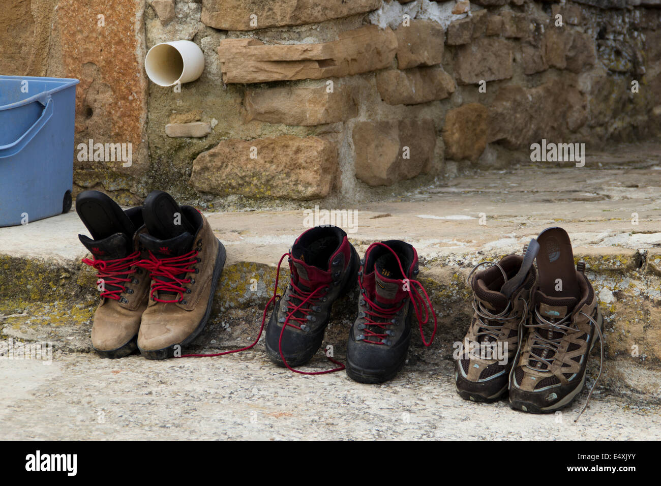 Boots on the Great walk of Saint James, Jakobsweg, Camino de Santiago, Spain, España, Spanien Stock Photo