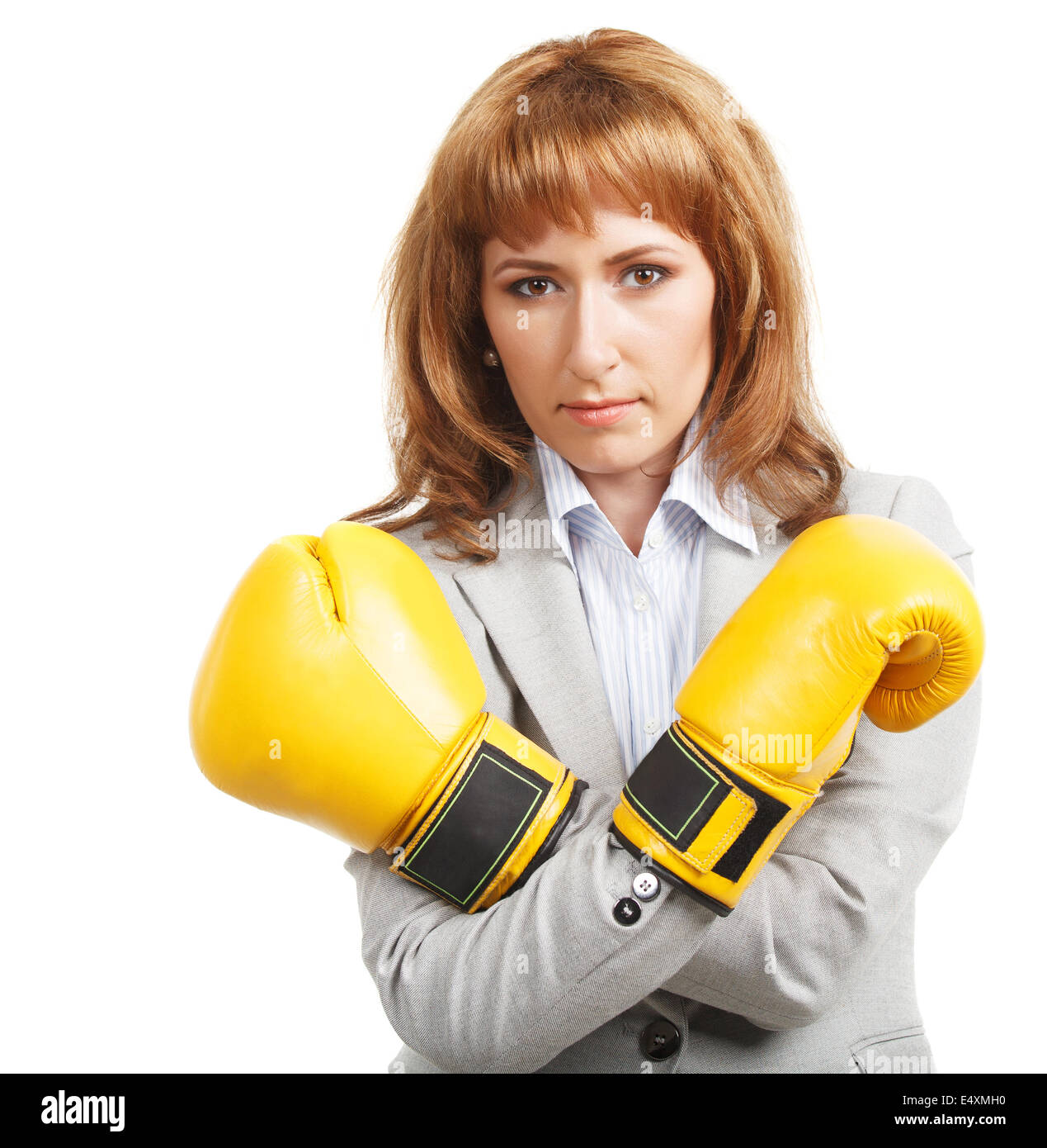 Businesswoman wearing boxing gloves Stock Photo Alamy