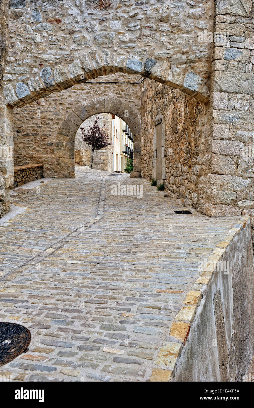 Streets of the small old spanish town Ares. Stock Photo