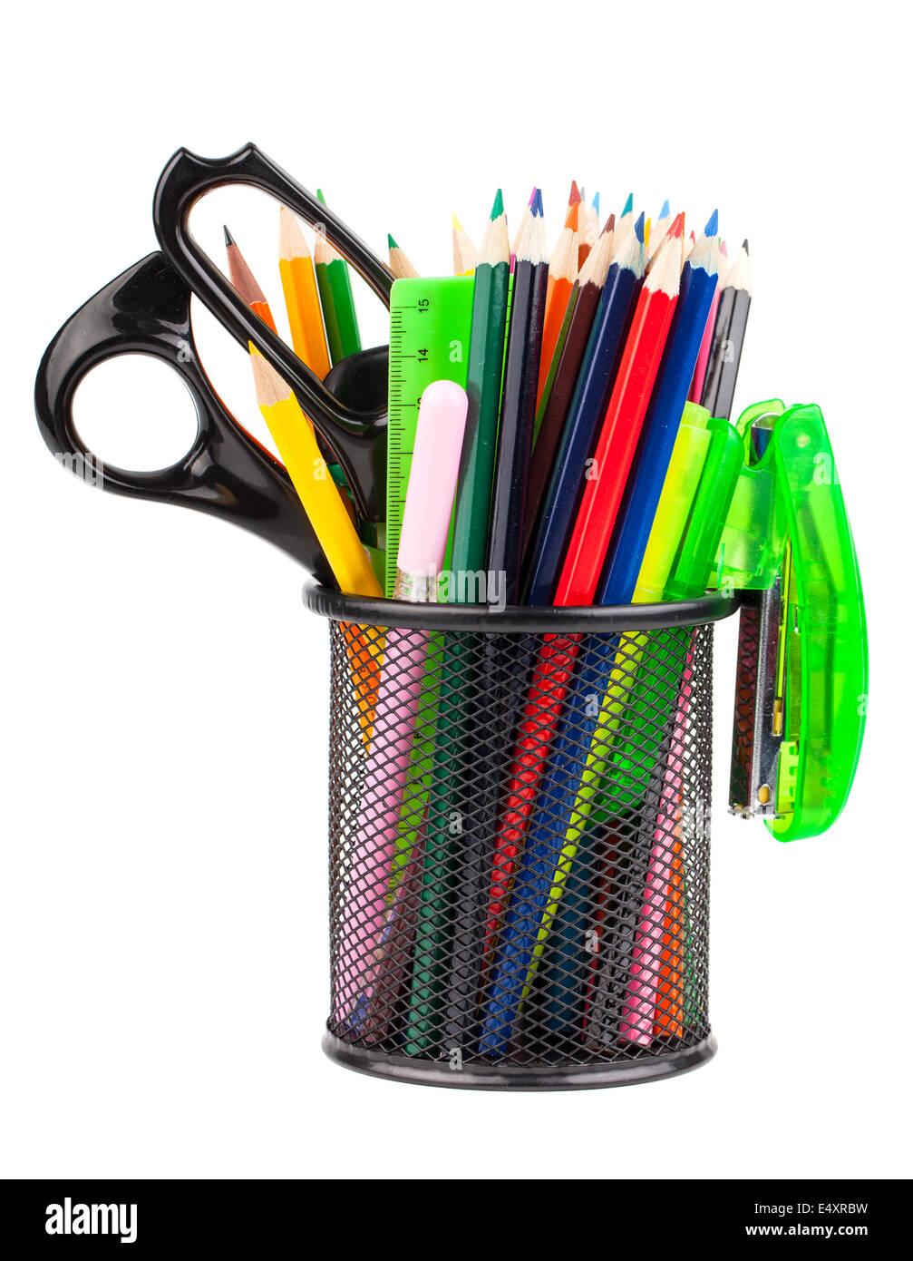 Office cup with scissors, pencils and pens Stock Photo