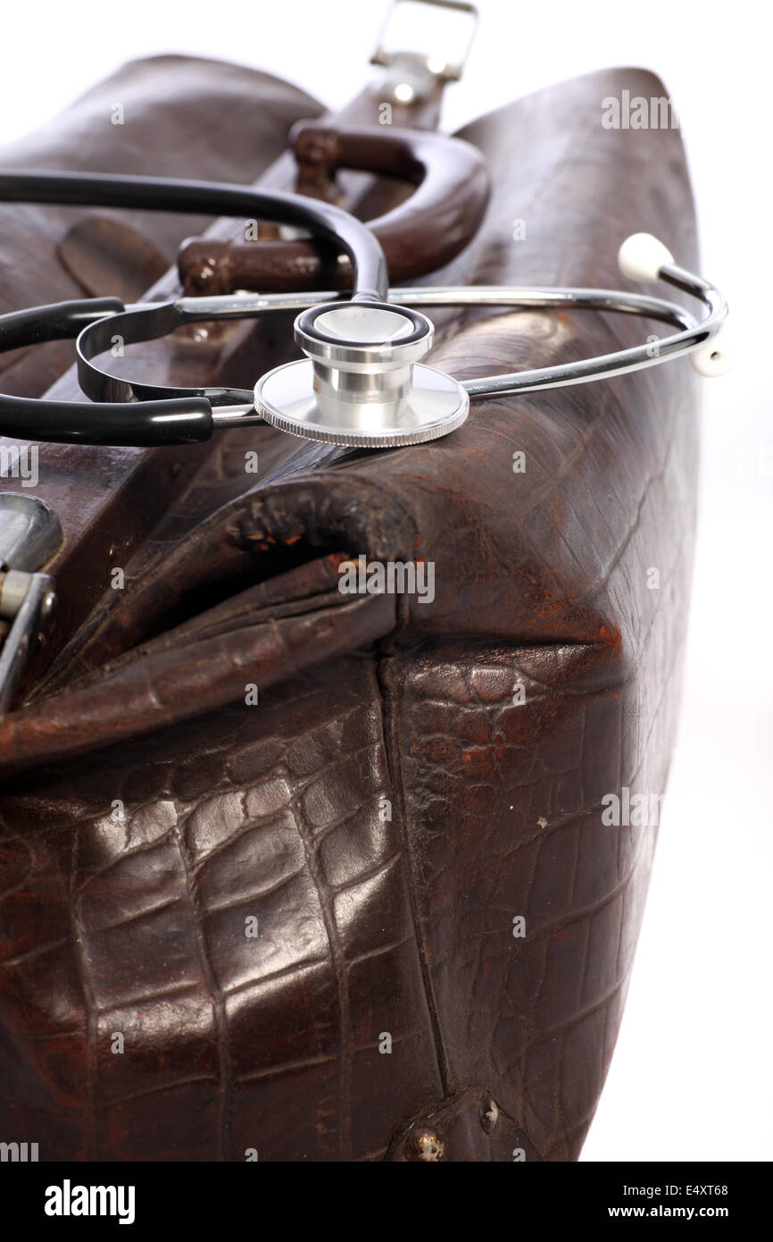 Leather doctors bag and stethoscope Stock Photo