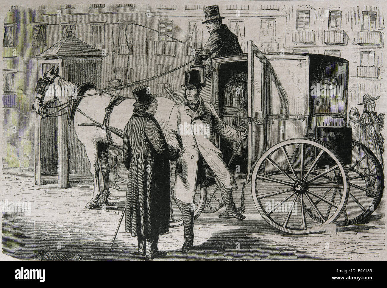 Transportation history. Diligence. Engraving created by Irrabieta, 1886. Stock Photo