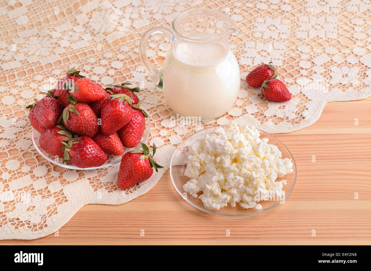Strawberries, milk and cottage cheese Stock Photo
