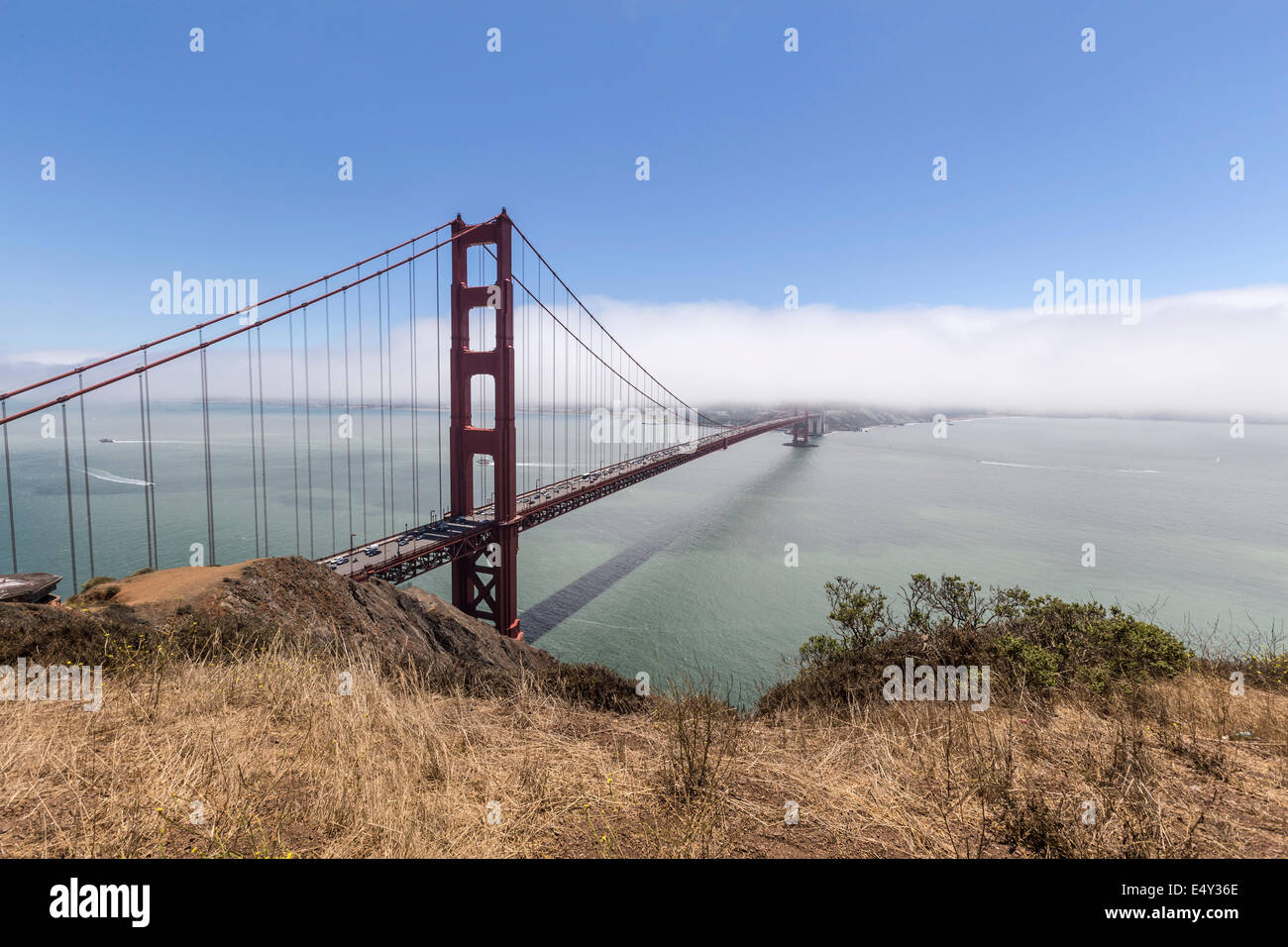 San Francisco's Golden Gate bridge leading to seasonal summer fog bank. Stock Photo