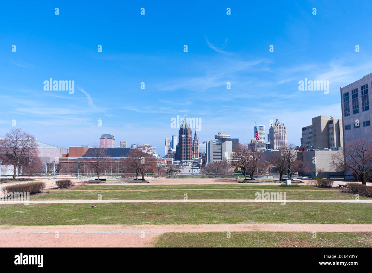 View of downtown Milwaukee Wisconsin from MacArthur Square Stock Photo