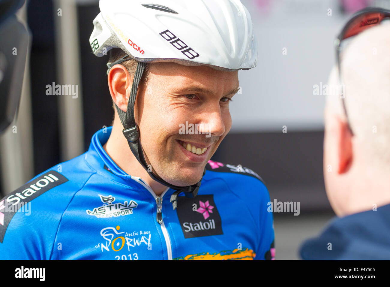 Professional cyclist  Kenny Van Hummel being interviewed before a stage of Arctic Race of Norway Stock Photo