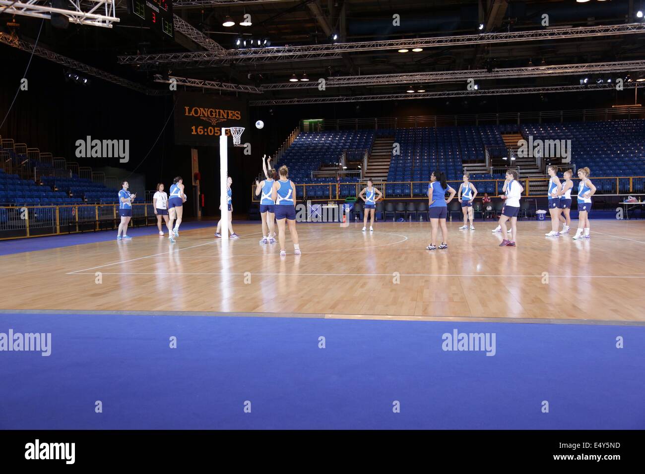 Scottish Exhibition and Conference Centre (SECC), Glasgow, Scotland, UK, Thursday, 17th July, 2014. Team Scotland training in the venue for the 2014 Commonwealth Games Netball Competition Stock Photo