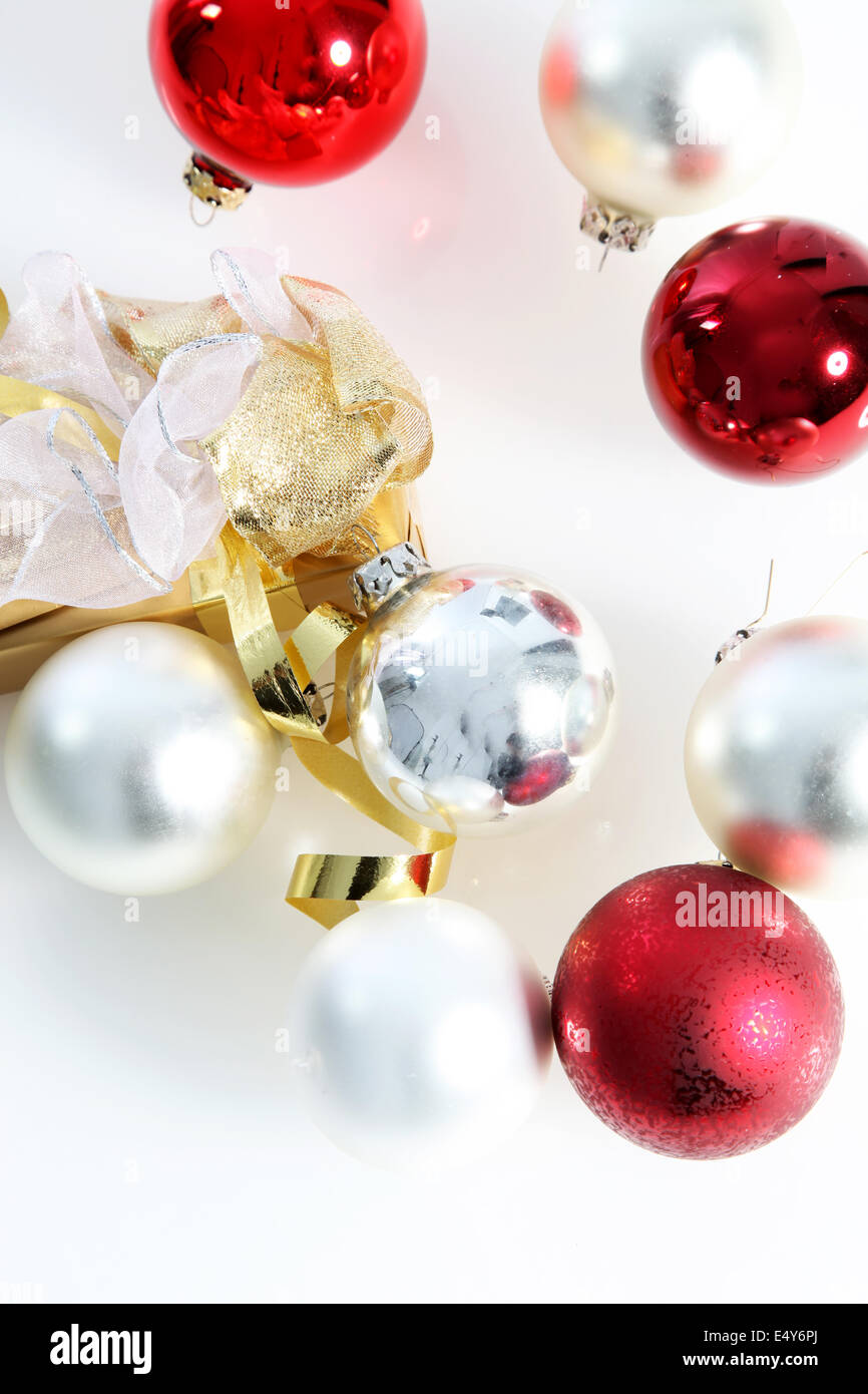 Red and white Christmas baubles Stock Photo