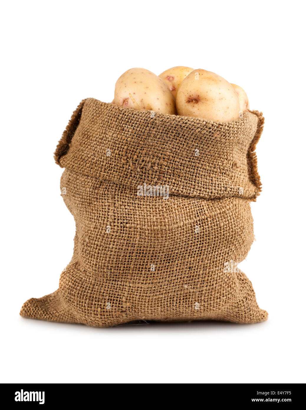 Ripe potato in burlap sack Stock Photo