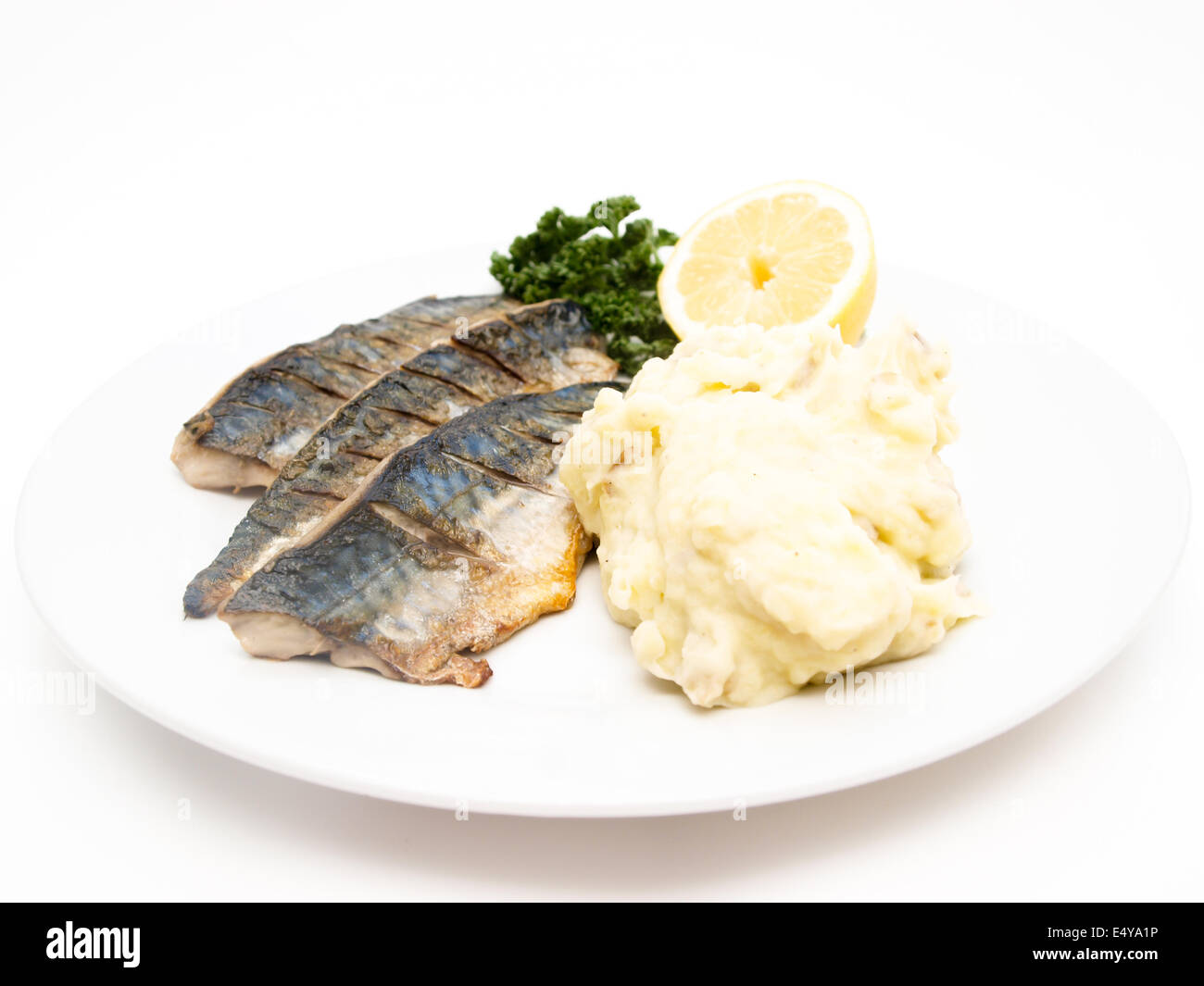 Fried mackerel with mashed potatoes Stock Photo