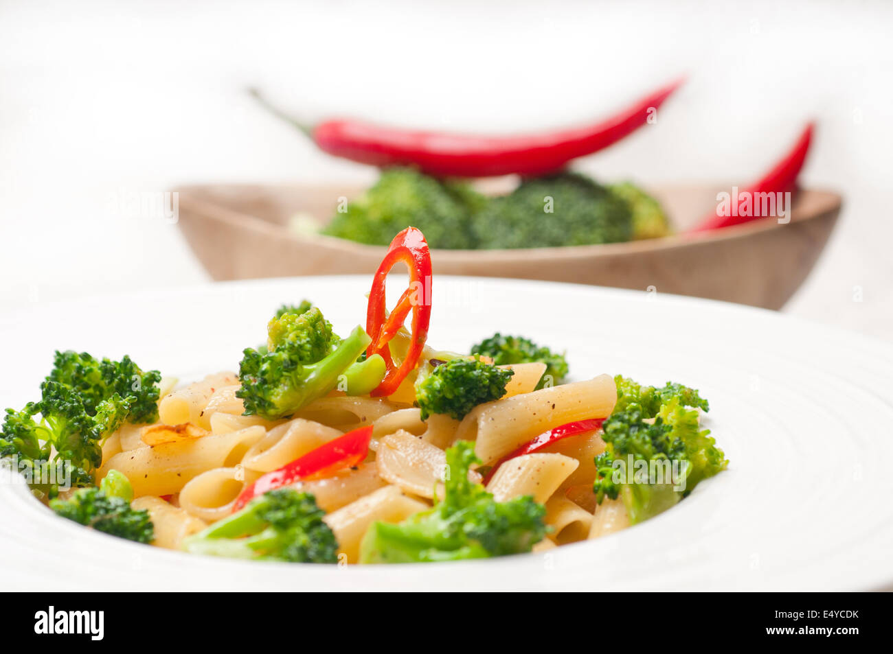 Italian penne pasta with broccoli and chili pepper Stock Photo