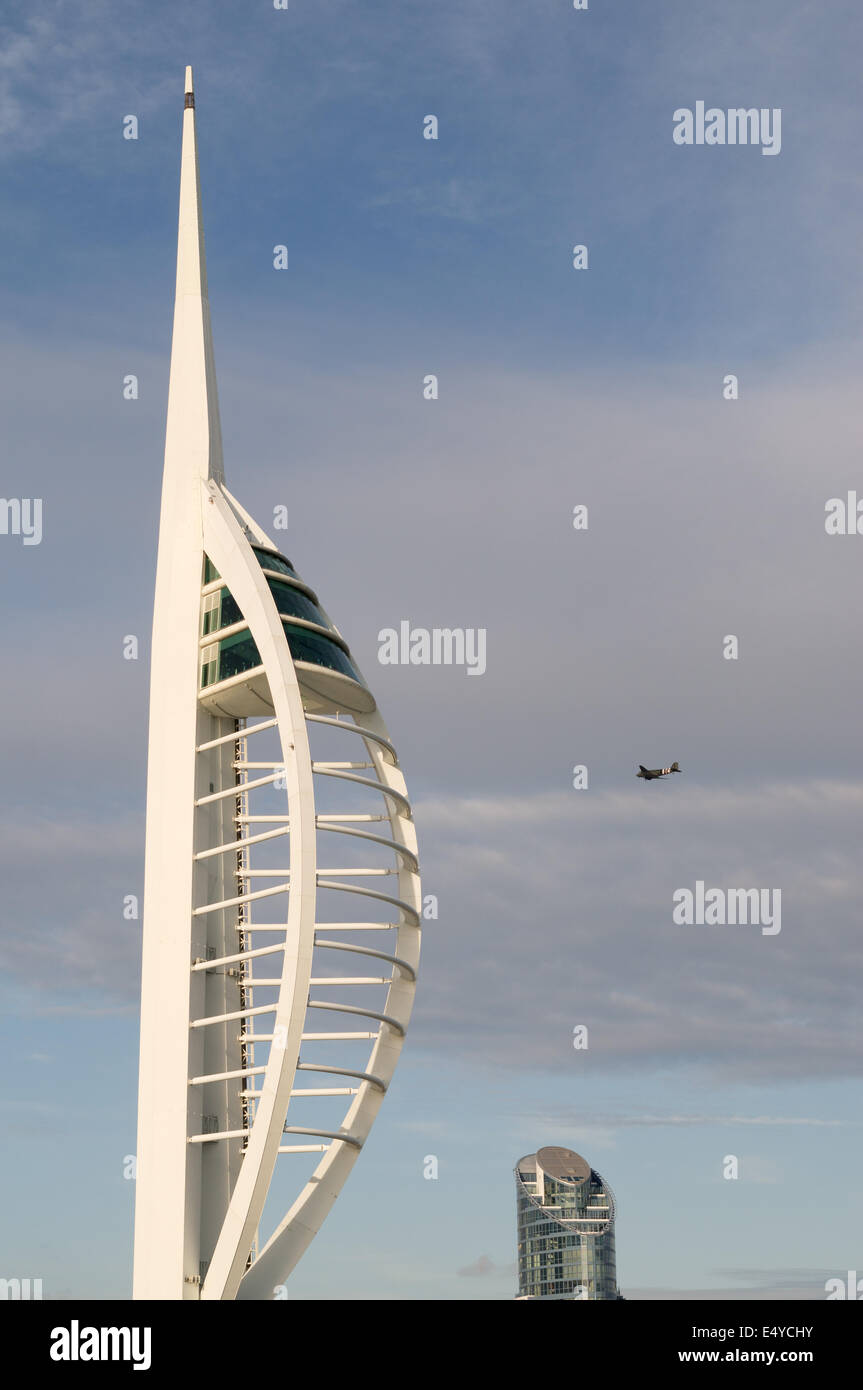 Dakota aircraft flying past Portsmouth Spinnaker tower D-Day 70 anniversary , Hampshire, England, UK Stock Photo